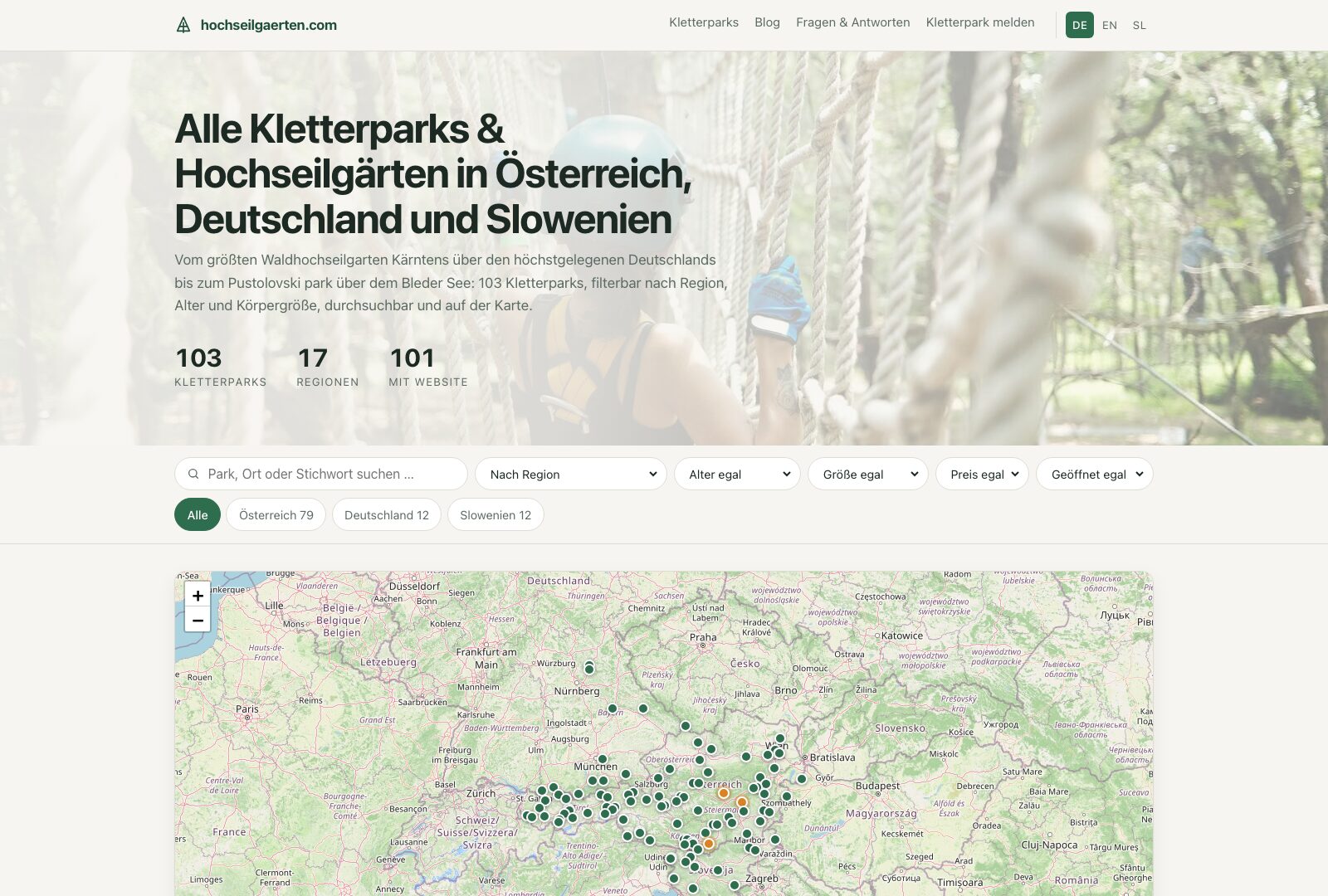 hochseilgaerten.com: portal z vsemi pustolovskimi parki v Avstriji, Nemčiji in Sloveniji